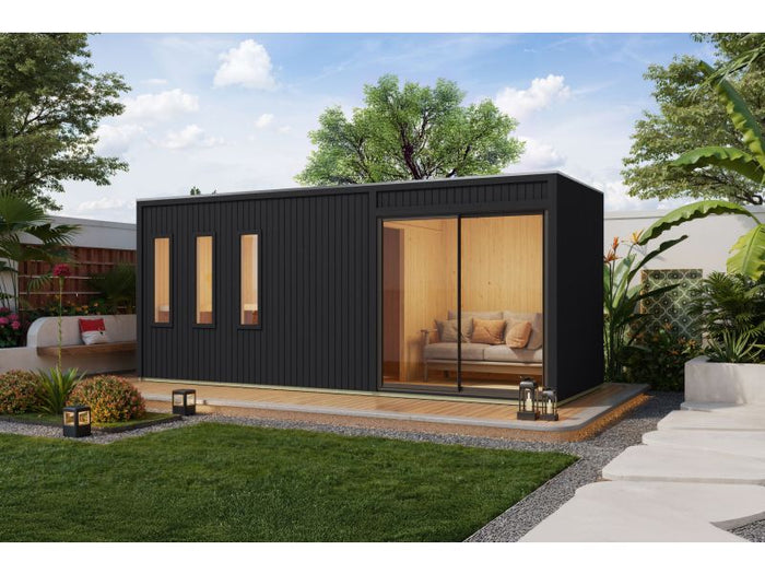 Karibu Saunahaus Monterey, schwarz, inkl. 9 kW Ofen ext. Steuerung, mit Séparée im Vorraum, 73 mm