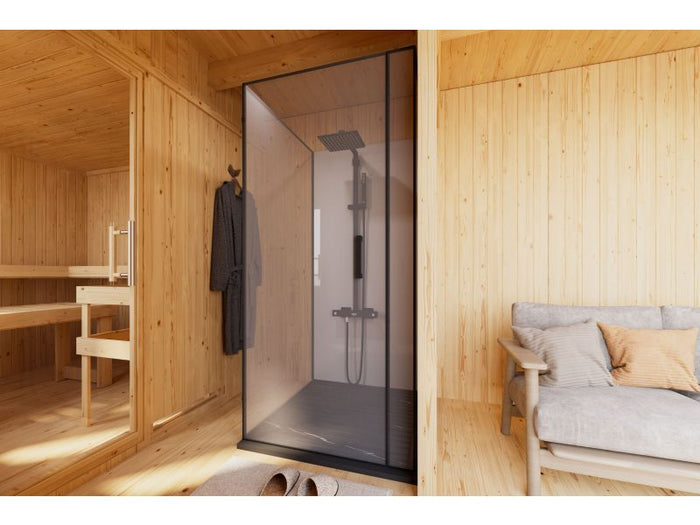 Karibu Saunahaus Monterey, schwarz, inkl. 9 kW Ofen ext. Steuerung, mit Séparée im Vorraum, 73 mm