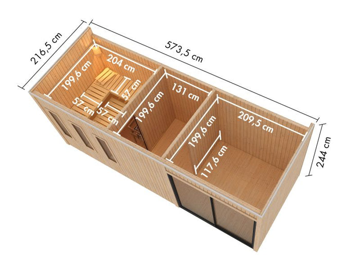 Karibu Saunahaus Monterey, schwarz, inkl. 9 kW Bioofen ext. Steuerung, mit Séparée im Vorraum, 73 mm