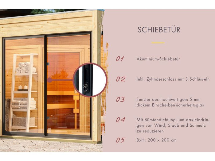 Karibu Saunahaus Monterey, schwarz, inkl. 9 kW Bioofen ext. Steuerung, mit Séparée im Vorraum, 73 mm