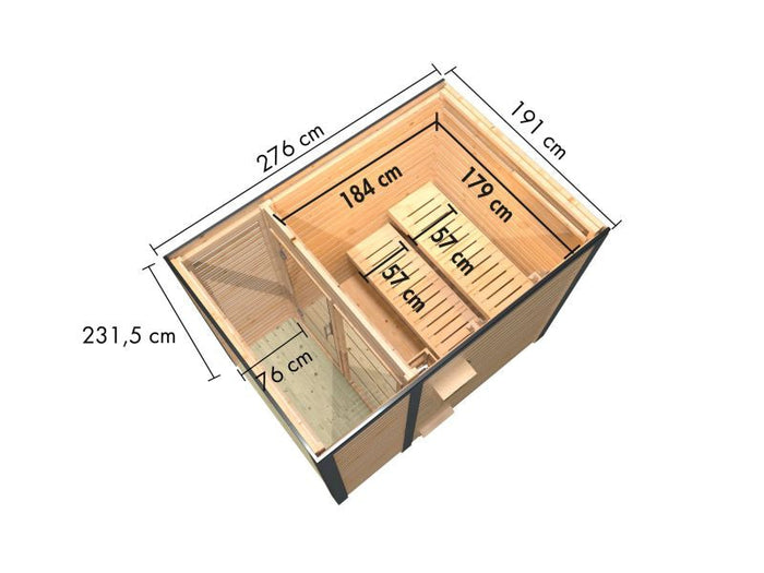 Karibu Hybrid Saunahaus Ares 1, naturbelassen/graualuminium, inkl. 9 kW Ofen ext. Steuerung