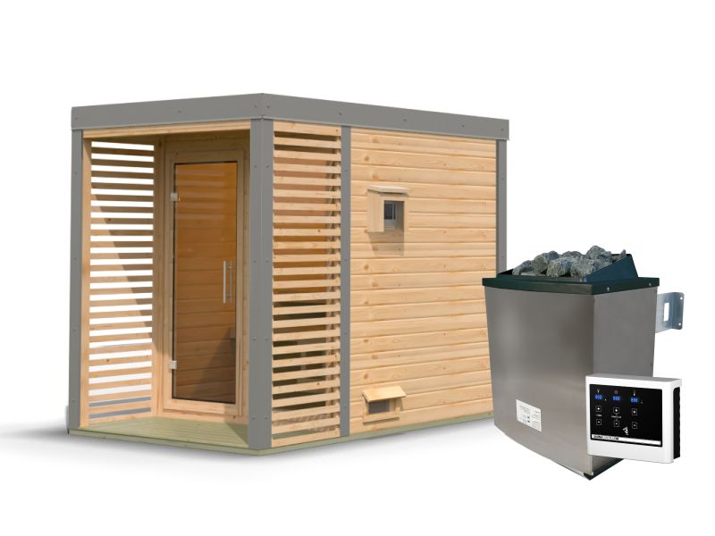Karibu Hybrid Saunahaus Ares 1, naturbelassen/graualuminium, inkl. 9 kW Ofen ext. Steuerung