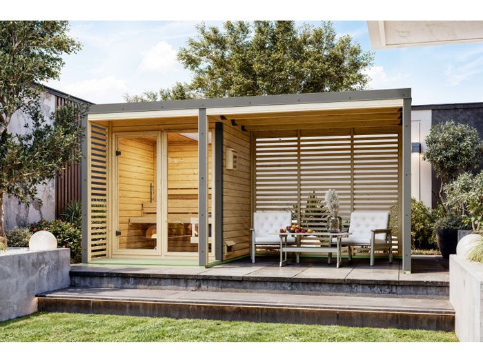 Karibu Hybrid Saunahaus Ares 1, naturbelassen/graualuminium, inkl. 9 kW Bioofen ext. Steuerung