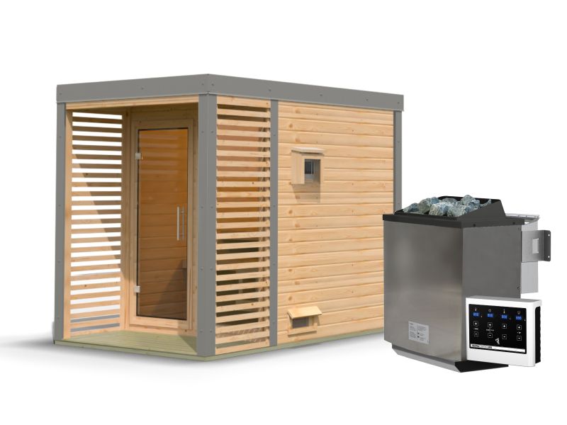 Karibu Hybrid Saunahaus Ares 1, naturbelassen/graualuminium, inkl. 9 kW Bioofen ext. Steuerung