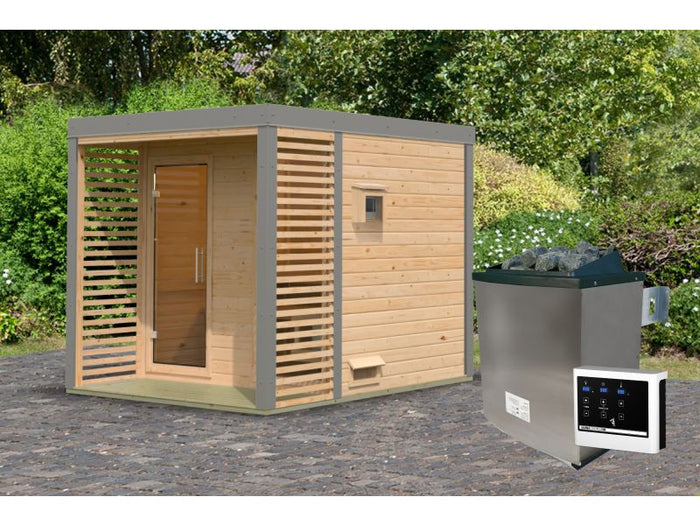 Karibu Hybrid Saunahaus Ares 2, naturbelassen/graualuminium, inkl 9 kW Ofen ext. Steuerung