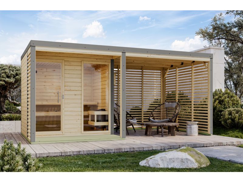 Karibu Hybrid Saunahaus Ares 2, naturbelassen/graualuminium, inkl 9 kW Bioofen ext. Steuerung