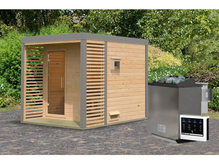 Karibu Hybrid Saunahaus Ares 2, naturbelassen/graualuminium, inkl 9 kW Bioofen ext. Steuerung