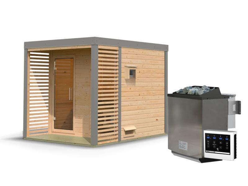Karibu Hybrid Saunahaus Ares 2, naturbelassen/graualuminium, inkl 9 kW Bioofen ext. Steuerung