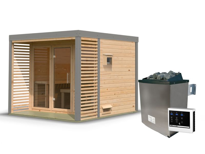 Karibu Hybrid Saunahaus Ares 3, naturbelassen/graualuminium, inkl. 9 kW Ofen ext. Steuerung