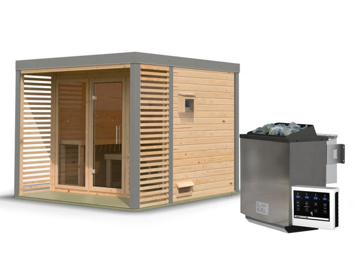 Karibu Hybrid Saunahaus Ares 3, naturbelassen/graualuminium, inkl. 9 kW Bioofen ext. Steuerung