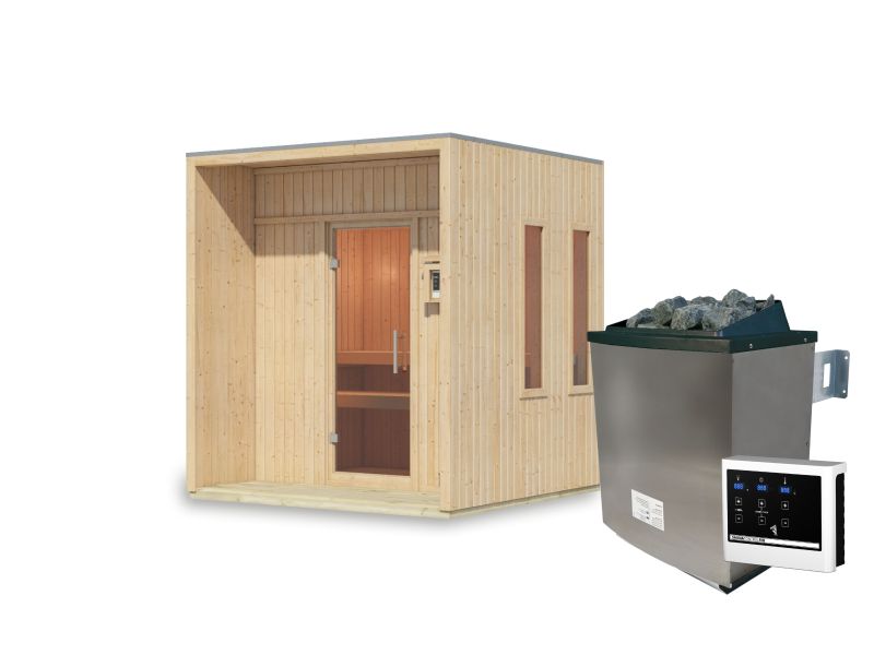 Karibu Saunahaus Arcadia, natur, 73 mm -inkl. 9 kW Ofen ext. Steuerung
