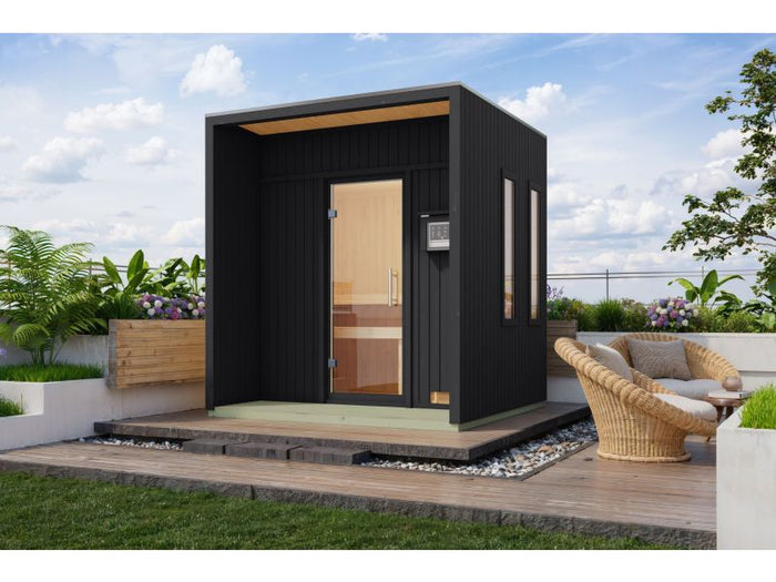 Karibu Saunahaus Arcadia, schwarz, 73 mm -inkl. 9 kW Ofen ext. Steuerung