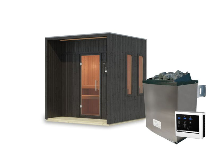 Karibu Saunahaus Arcadia, schwarz, 73 mm -inkl. 9 kW Ofen ext. Steuerung