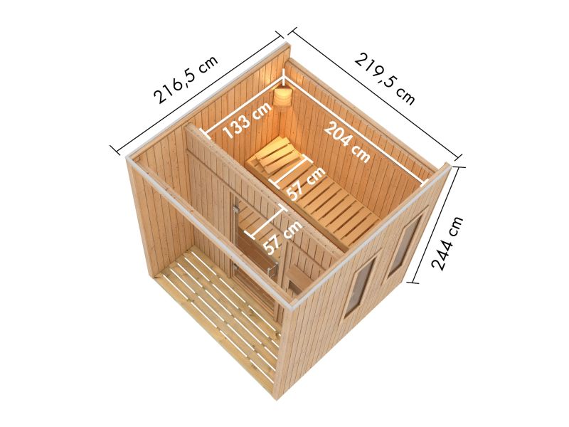 Karibu Saunahaus Arcadia, schwarz, 73 mm -inkl. 9 kW Bioofen ext. Steuerung