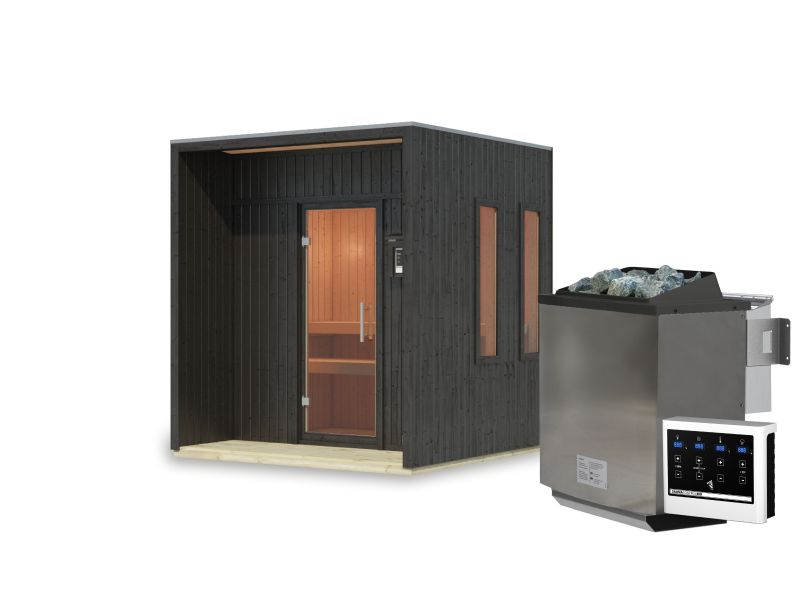 Karibu Saunahaus Arcadia, schwarz, 73 mm -inkl. 9 kW Bioofen ext. Steuerung