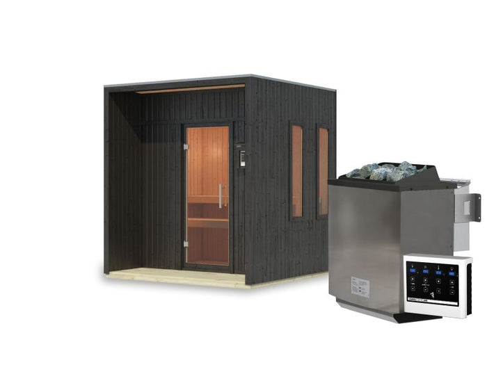 Karibu Saunahaus Arcadia, schwarz, 73 mm -inkl. 9 kW Bioofen ext. Steuerung