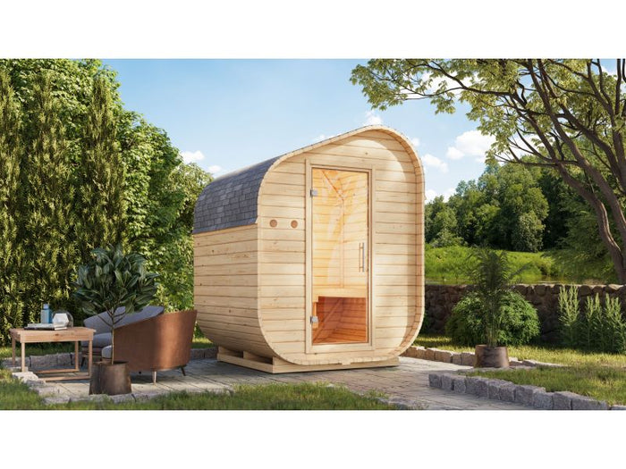 Karibu Fasssauna  Asymmetrisch 1, inkl. 9 kW Bioofen ext. Steuerung