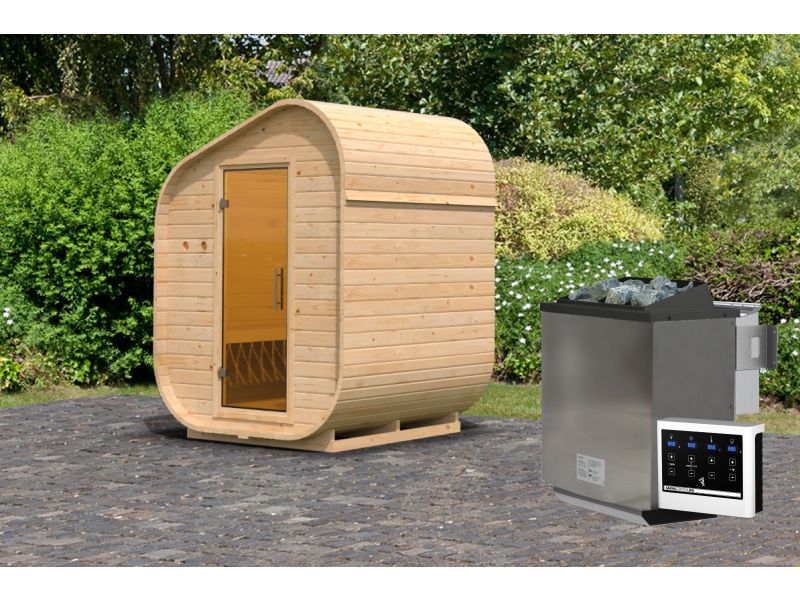 Karibu Fasssauna Asymmetrisch 1, inkl. 9 kW Bioofen ext. Steuerung