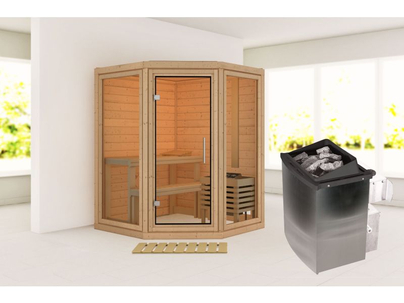Karibu Sauna Yuma, inkl. 9 kW Ofen integr. Steuerung, mit Klarglas Ganzglastür