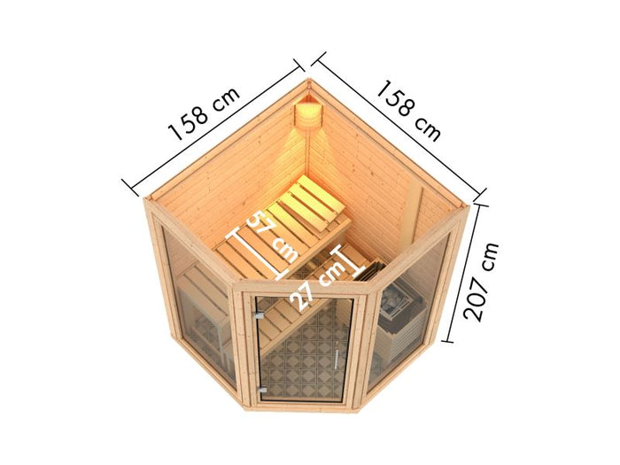 Karibu Sauna Yuma, inkl. 9 kW Ofen integr. Steuerung, mit Klarglas Ganzglastür