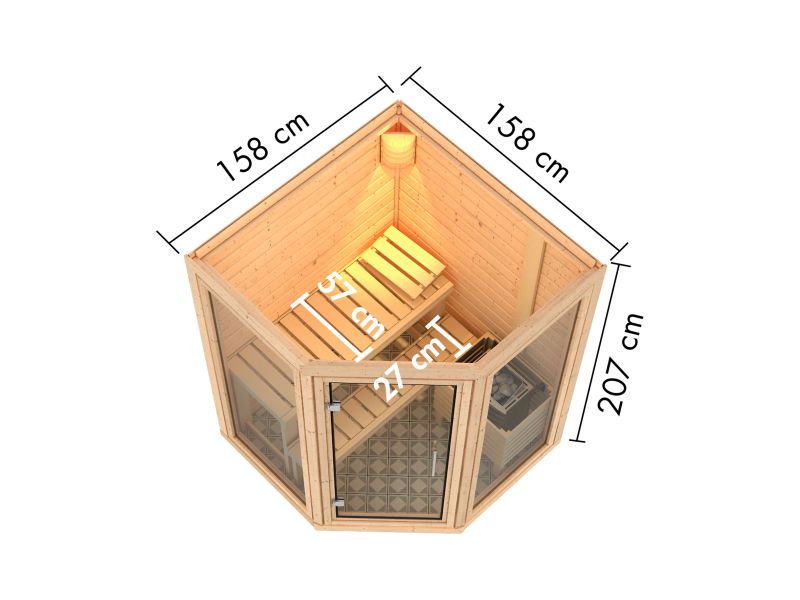 Karibu Sauna Yuma, inkl. 9 kW Ofen ext. Steuerung, mit Klarglas Ganzglastür