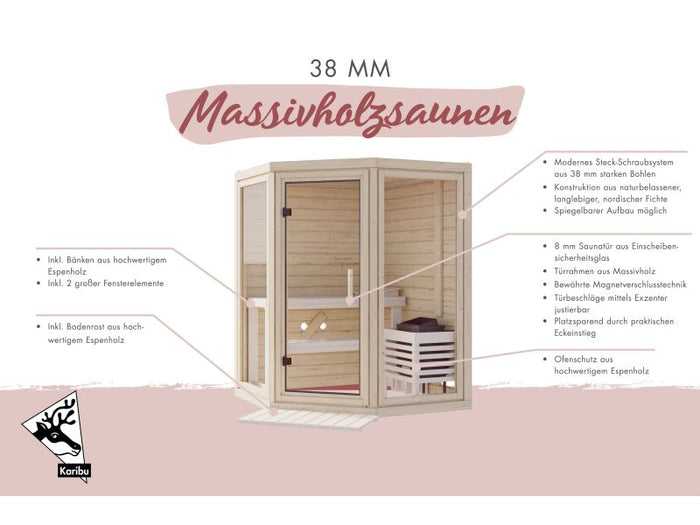 Karibu Sauna Yuma, ohne Ofen, inkl. Klarglas Ganzglastür