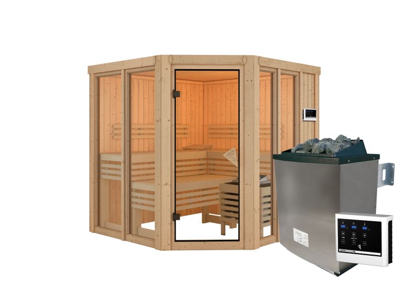 Karibu Sauna Airi, inkl. 9 kW Ofen ext. Steuerung - ohne Dachkranz -