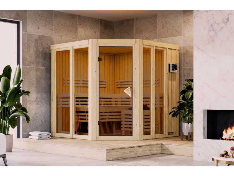 Karibu Sauna Airi, inkl. 9 kW Bioofen ext. Steuerung - ohne Dachkranz -