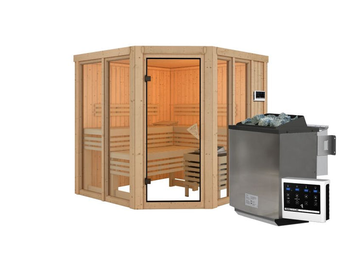 Karibu Sauna Airi, inkl. 9 kW Bioofen ext. Steuerung - ohne Dachkranz -