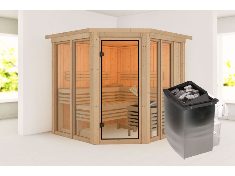 Karibu Sauna Airi, inkl. 9 kW Ofen integr. Steuerung - mit Dachkranz -