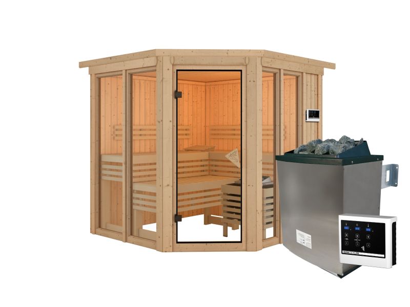 Karibu Sauna Airi, inkl. 9 kW Ofen ext. Steuerung - mit Dachkranz -