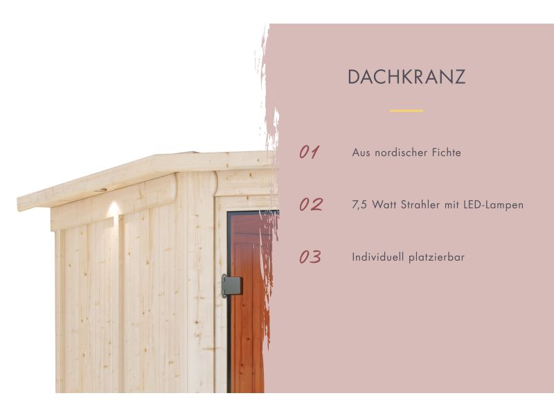 Karibu Sauna Airi, inkl. 9 kW Ofen ext. Steuerung - mit Dachkranz -