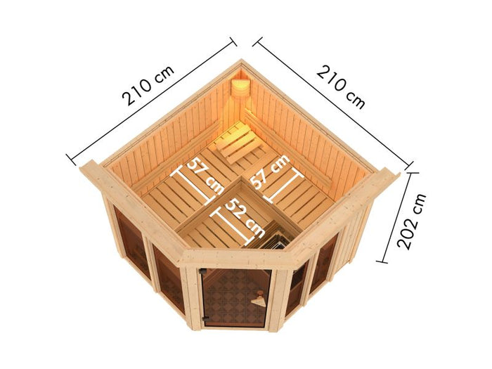 Karibu Sauna Airi, inkl. 9 kW Bioofen ext. Steuerung - mit Dachkranz -