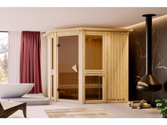 Amelia 2 - Karibu Sauna, inkl. 9 kW Bioofen ext. Steuerung - mit Dachkranz -