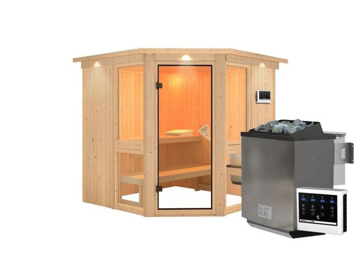 Amelia 2 - Karibu Sauna, inkl. 9 kW Bioofen ext. Steuerung - mit Dachkranz -