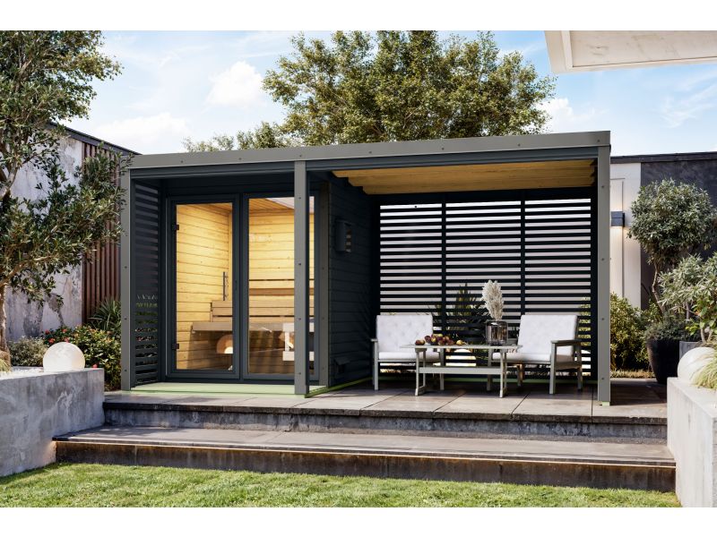 Karibu Hybrid Saunahaus Ares 1, anthrazit/graualuminium, inkl. 9 kW Ofen ext. Steuerung