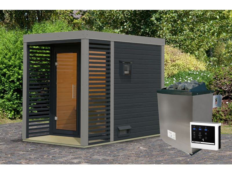 Karibu Hybrid Saunahaus Ares 1, anthrazit/graualuminium, inkl. 9 kW Ofen ext. Steuerung