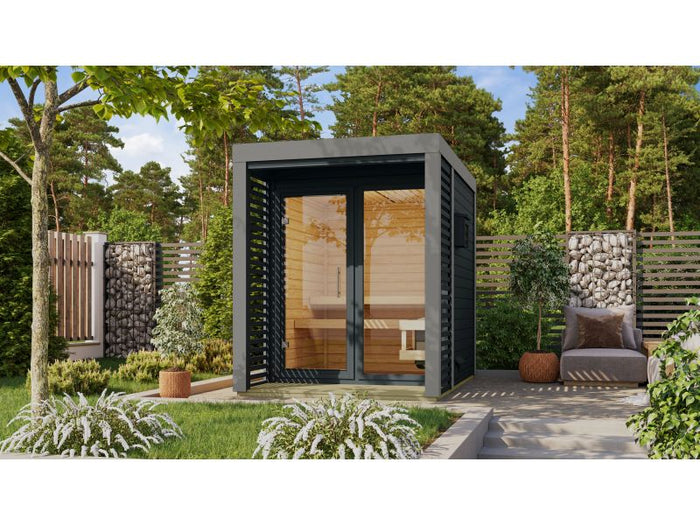 Karibu Hybrid Saunahaus Ares 1, anthrazit/graualuminium, inkl. 9 kW Bioofen ext. Steuerung