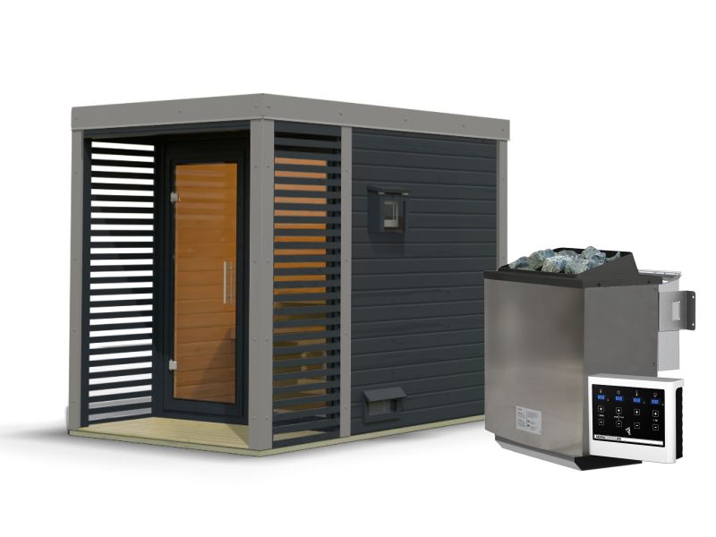 Karibu Hybrid Saunahaus Ares 1, anthrazit/graualuminium, inkl. 9 kW Bioofen ext. Steuerung