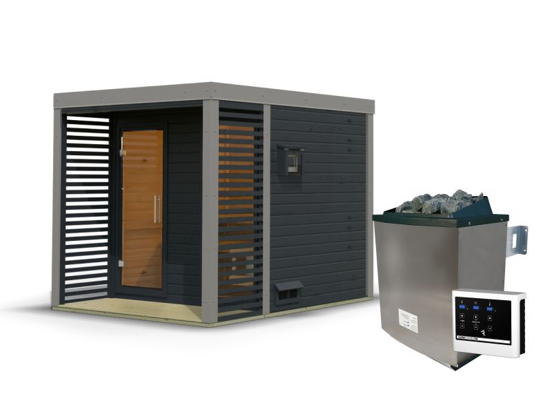 Karibu Hybrid Saunahaus Ares 2, anthrazit/graualuminium, inkl. 9 kW Ofen ext. Steuerung