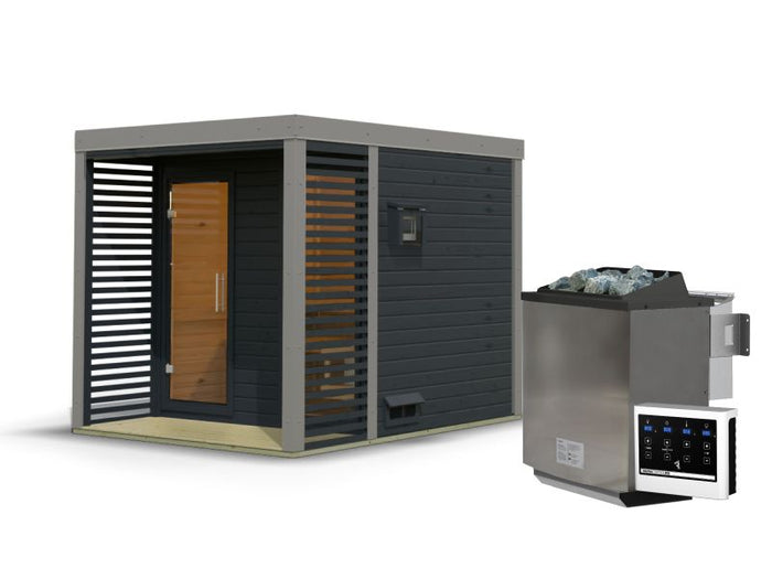 Karibu Hybrid Saunahaus Ares 2, anthrazit/graualuminium, inkl. 9 kW Bioofen ext. Steuerung