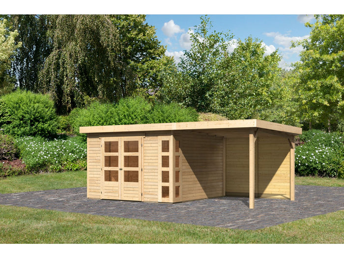 Karibu Gartenhaus Kerko 6 natur mit 2,40 m Anbaudach inkl. Rückwand