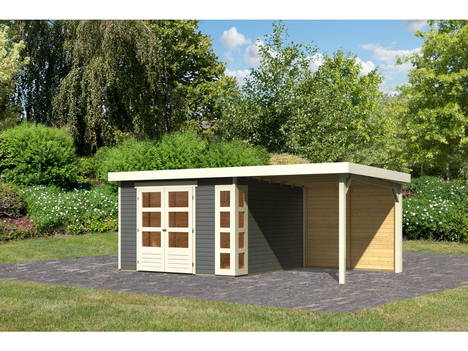 Karibu Gartenhaus Kerko 6 terragrau mit 2,40 m Anbaudach inkl. Rückwand