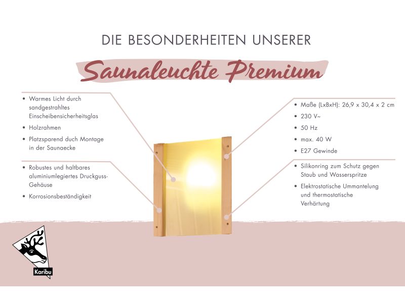 Karibu Leuchten Set mit Saunaleuchte Premium und Anschlusskabel (Starkstrom)
