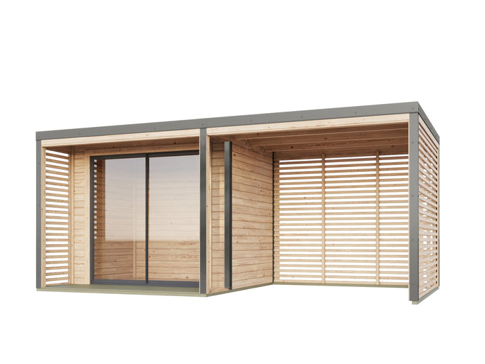 Karibu Hybrid Gartenhaus Saturn A, naturbelassen/graualuminium, 38 mm, inkl. Fußboden und Anbaudach 3m