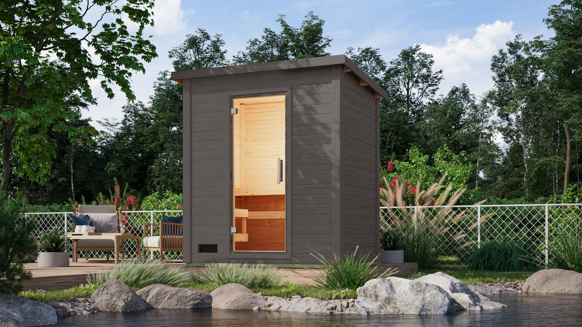 Karibu Saunahaus Caapi 4, terragrau, inkl. 9 kW Ofen finnisch ext. Steuerung, mit Klarglastür und Fußboden