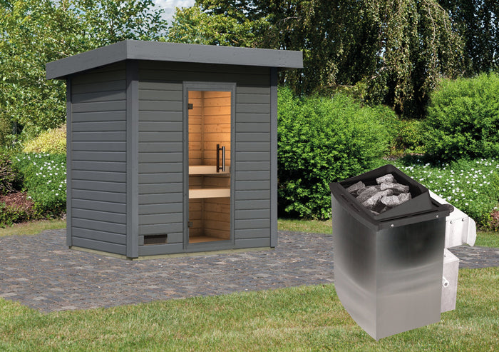 Karibu Saunahaus Caapi 2, terragrau, inkl. 9 kW Ofen integr. Steuerung, mit Klarglastür und Fußboden