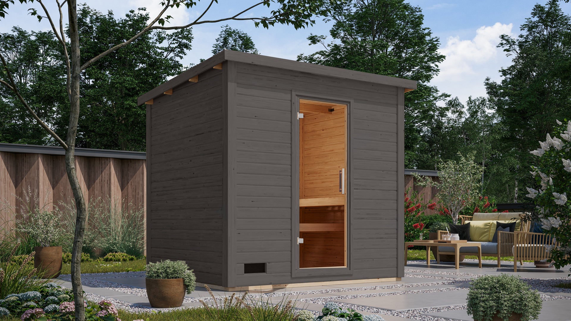 Karibu Saunahaus Caapi 2, terragrau, inkl. 9 kW Bioofen ext. Steuerung, mit Klarglastür und Fußboden