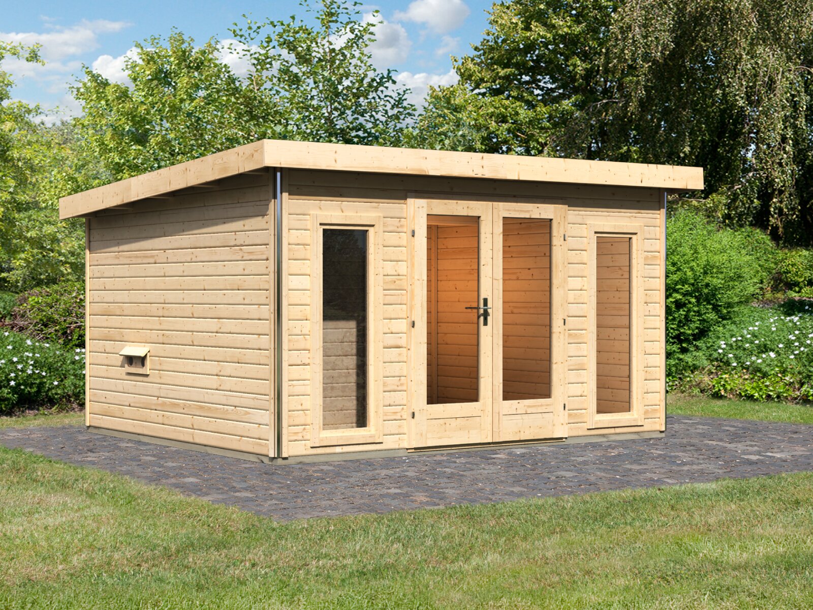 Karibu Saunahaus Mainburg 2 Set B naturbelassen, inkl. 9 kW Bioofen ext. Steuerung HUUM