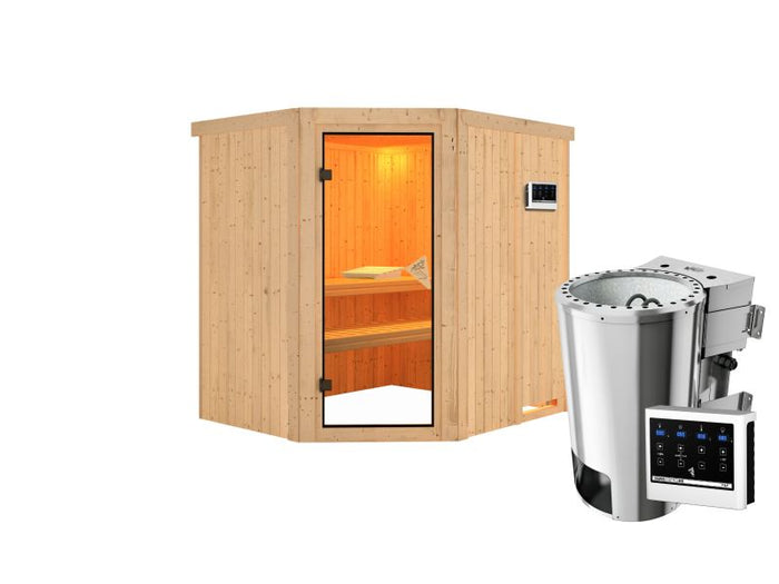 Karibu Sauna Yuma, inkl. 9 kW Ofen ext. Steuerung, mit Klarglas Ganzglastür